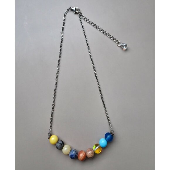 Solar System Beaded 14" Necklace w/ Adjustable Chain & Crystal Teardrop - Picture 2 of 4